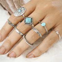 Bohemian ring Set 8 piece sets ring Blue Natural stone joint Ring Metal Party