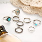 Bohemian ring Set 8 piece sets ring Blue Natural stone joint Ring Metal Party