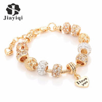 Jiayiqi Fashion European Beads Bracelet Vintage DIY Crystal Silver Golden Color Jewelry Snake Chain Charm Bracelets for Women